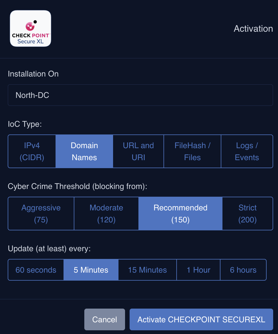OneFirewall dashboard screen for activating the Check Point SecureXL WCF Agent, showing IoC type, Crime Score threshold, and refresh interval settings