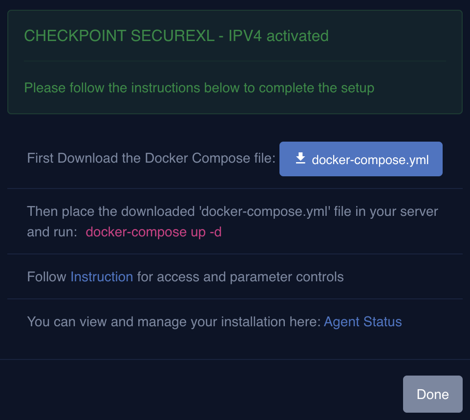 Post-activation setup instructions for the Check Point SecureXL WCF Agent, showing the docker-compose.yml download and deployment commands