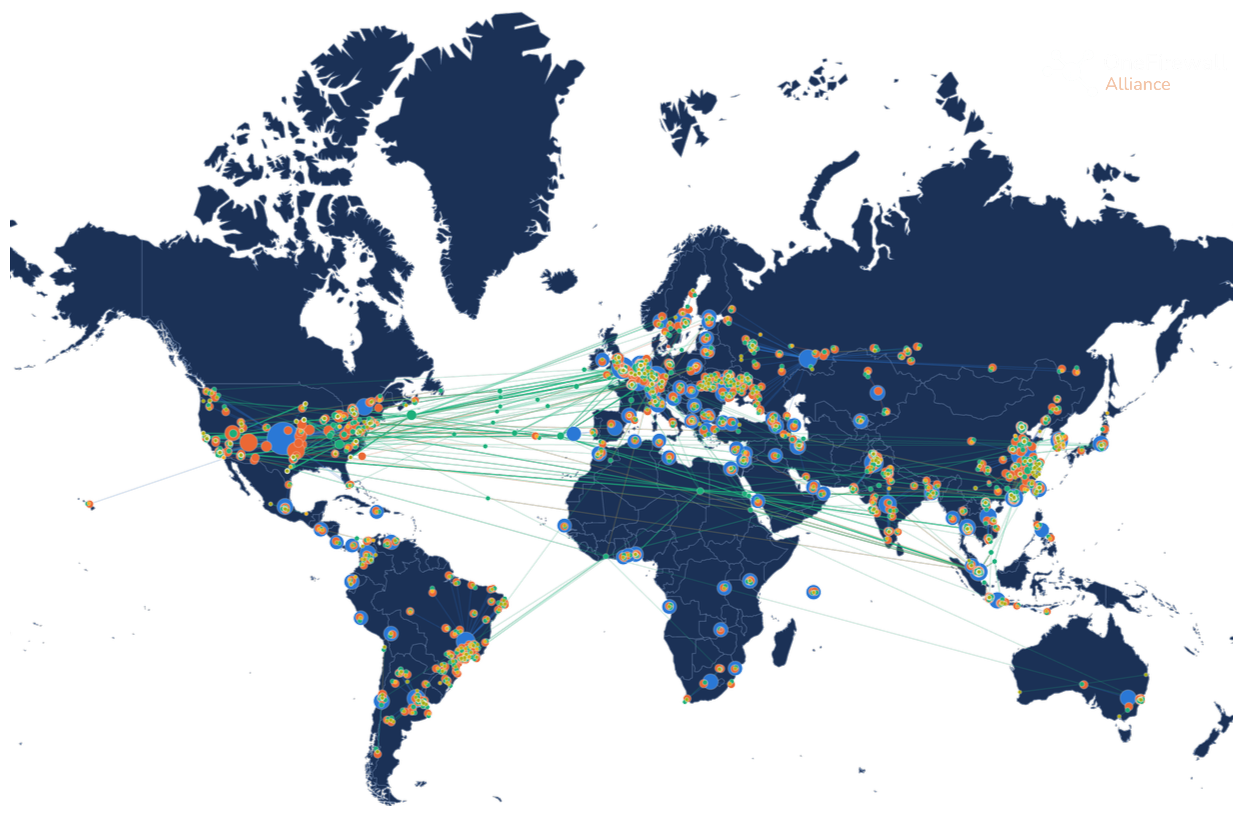 Map of the OneFirewall Alliance global member network, showing connected nodes and shared threat-intelligence links spanning North America, Europe, and Asia