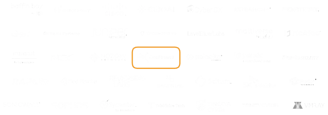 Cuadrícula de miembros de la Cyber Threat Alliance con OneFirewall destacado junto a Check Point, Cisco, Fortinet, McAfee, Palo Alto Networks, Sophos, Symantec y otros miembros