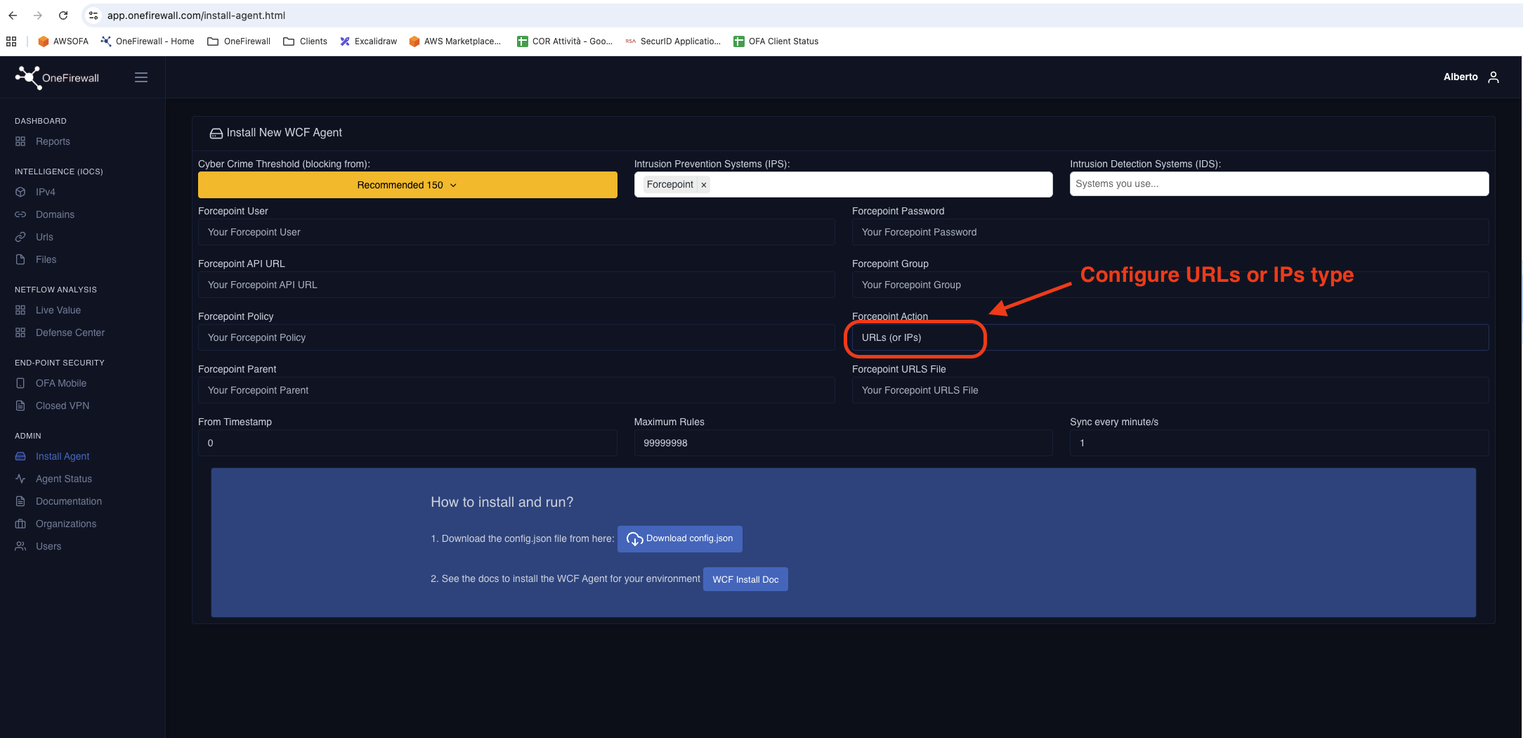 OneFirewall Install Agent screen for Forcepoint NGFW, showing the WCF Agent configuration fields for API credentials, policy, group, action type, and the config.json download step