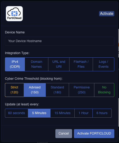 FortiCloud activation panel in the OneFirewall dashboard for configuring the integration type, Crime Score threshold, and refresh interval