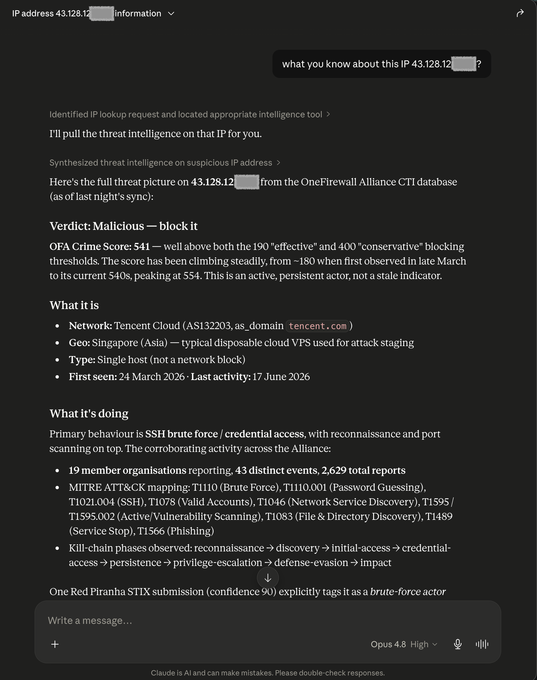 Claude Desktop using the OneFirewall MCP Server to query the WCF platform: get_ip_intel returns Crime Score 541, Tencent Cloud Singapore ASN, MITRE ATT&CK T1110/T1021.006, 19 Alliance members reporting