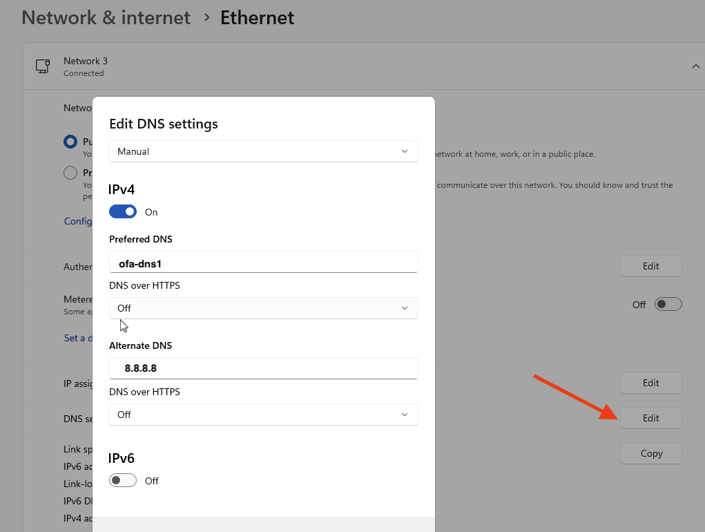 Windows Network and Internet Ethernet DNS settings dialog with the OFA Secure DNS resolver set as the Preferred DNS and a public resolver as Alternate DNS