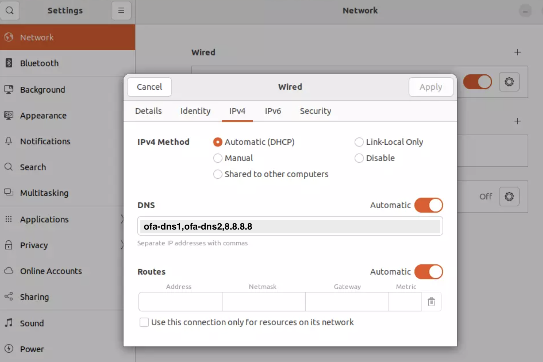Ubuntu GNOME wired network IPv4 settings with primary and secondary OFA Secure DNS resolvers listed ahead of a public fallback resolver