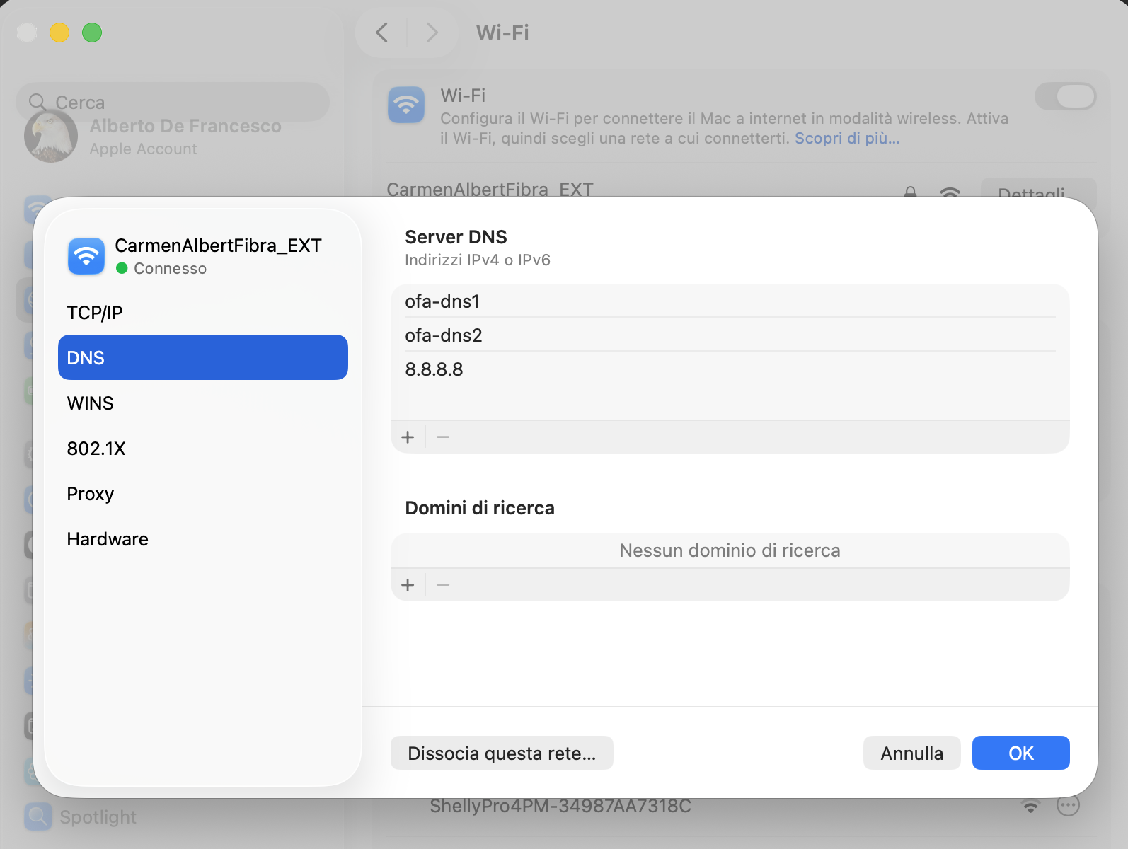macOS Wi-Fi DNS server settings listing primary and secondary OFA Secure DNS resolvers ahead of a public fallback resolver