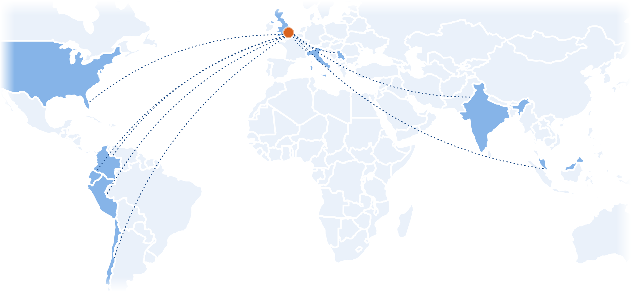 Mappa che mostra la sede centrale di OneFirewall a Londra collegata alle sedi dei partner in India, Sud-est asiatico, Perù, Ecuador, Cile, Colombia, Italia, Serbia e Stati Uniti