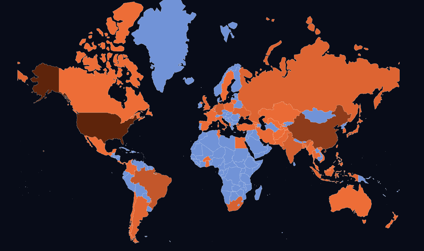 World map coloured by country risk level from low to critical