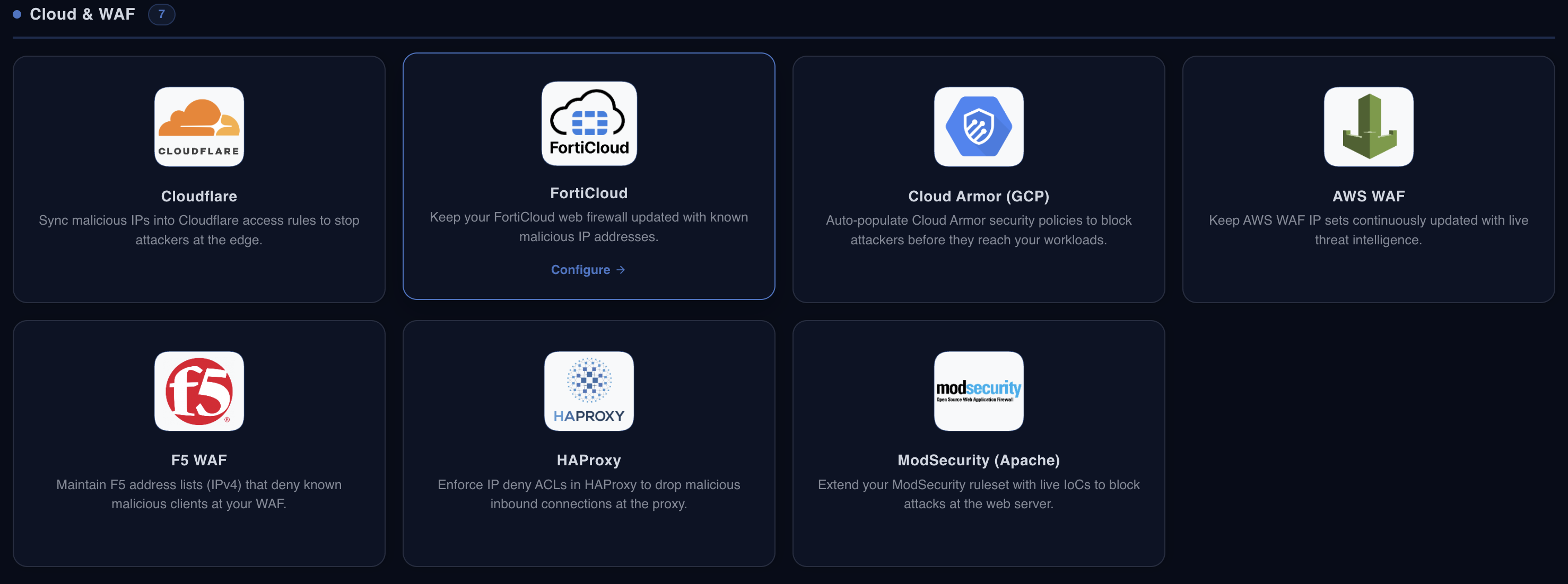 OneFirewall integrations marketplace showing Cloudflare, FortiCloud, Cloud Armor, AWS WAF, F5 WAF, HAProxy and ModSecurity
