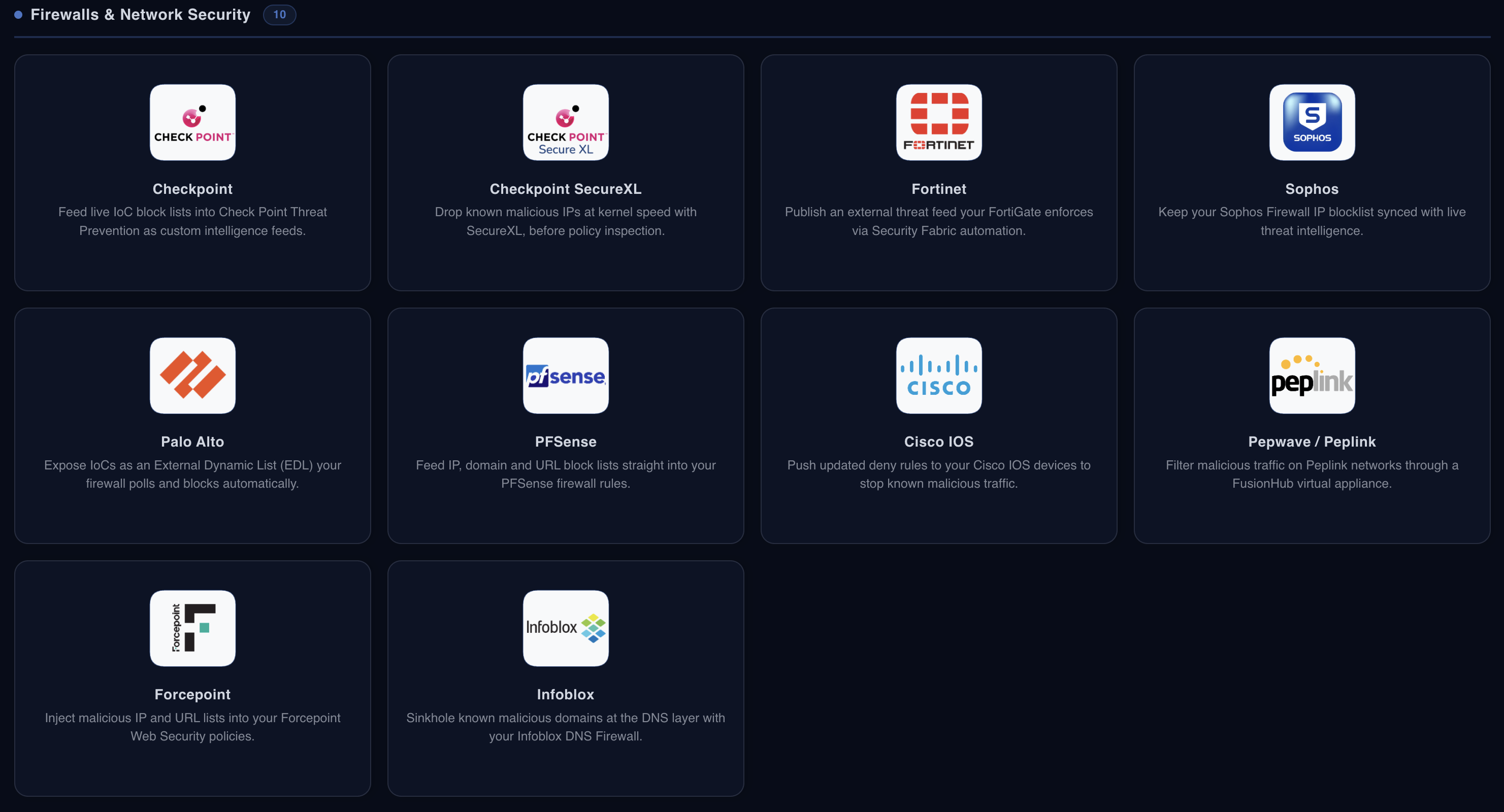 OneFirewall integrations marketplace showing Checkpoint, Fortinet, Sophos, Palo Alto, pfSense, Cisco IOS, Peplink, Forcepoint and Infoblox