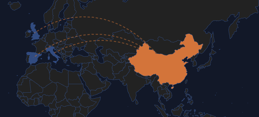 World map showing attack routing lines from source regions into targeted organisations