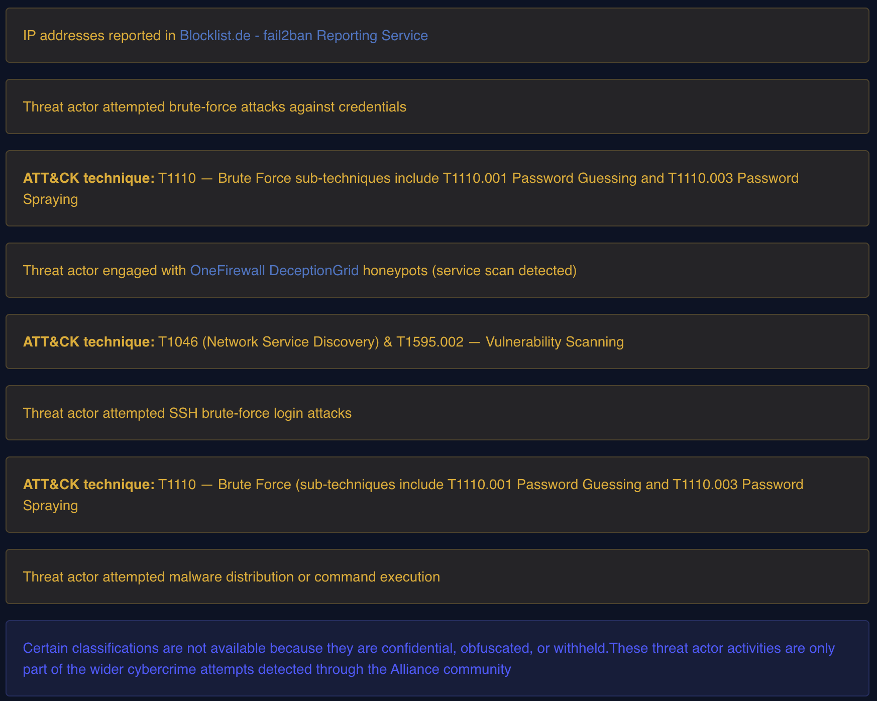 Classification cards mapping brute-force and scanning activity to MITRE ATT&CK techniques T1110, T1046 and T1595.002, including engagement with OneFirewall DeceptionGrid honeypots